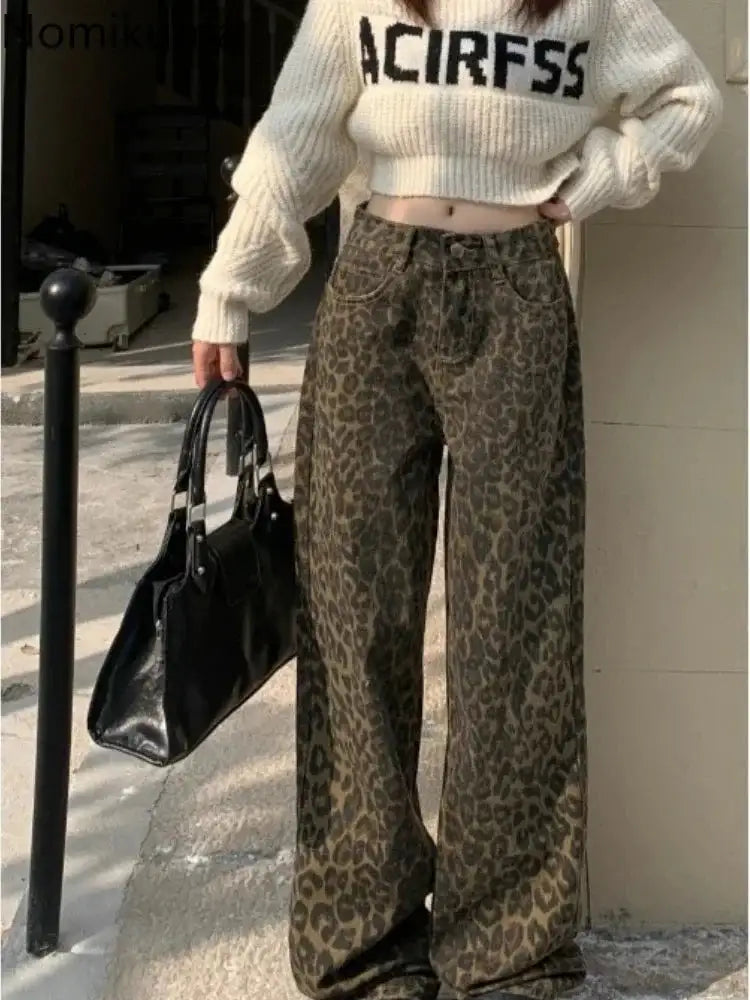 Vintage Leopard Print Pantalon Femme Wide Leg Pants Women High Waist Straight Y2k Jeans Casual Fashion Korean  Jean Trousers Lootquake LLC