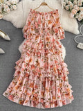 Summer New Off Shoulder  Wrap Waist to Show Thin A-line Fragmented Cake Dress Women's Beach Vacation Chiffon Long Dress GD820