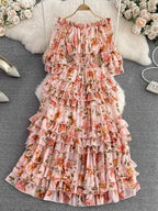 Summer New Off Shoulder  Wrap Waist to Show Thin A-line Fragmented Cake Dress Women's Beach Vacation Chiffon Long Dress GD820