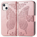 Luxury Pink Butterfly Flower Wallet Flip Case For iPhone 14 Pro Max 13 12 Classic Simple Leather Wallet Case with Card Holder Kickstand Wrist Strap Flip Cover for iPhone