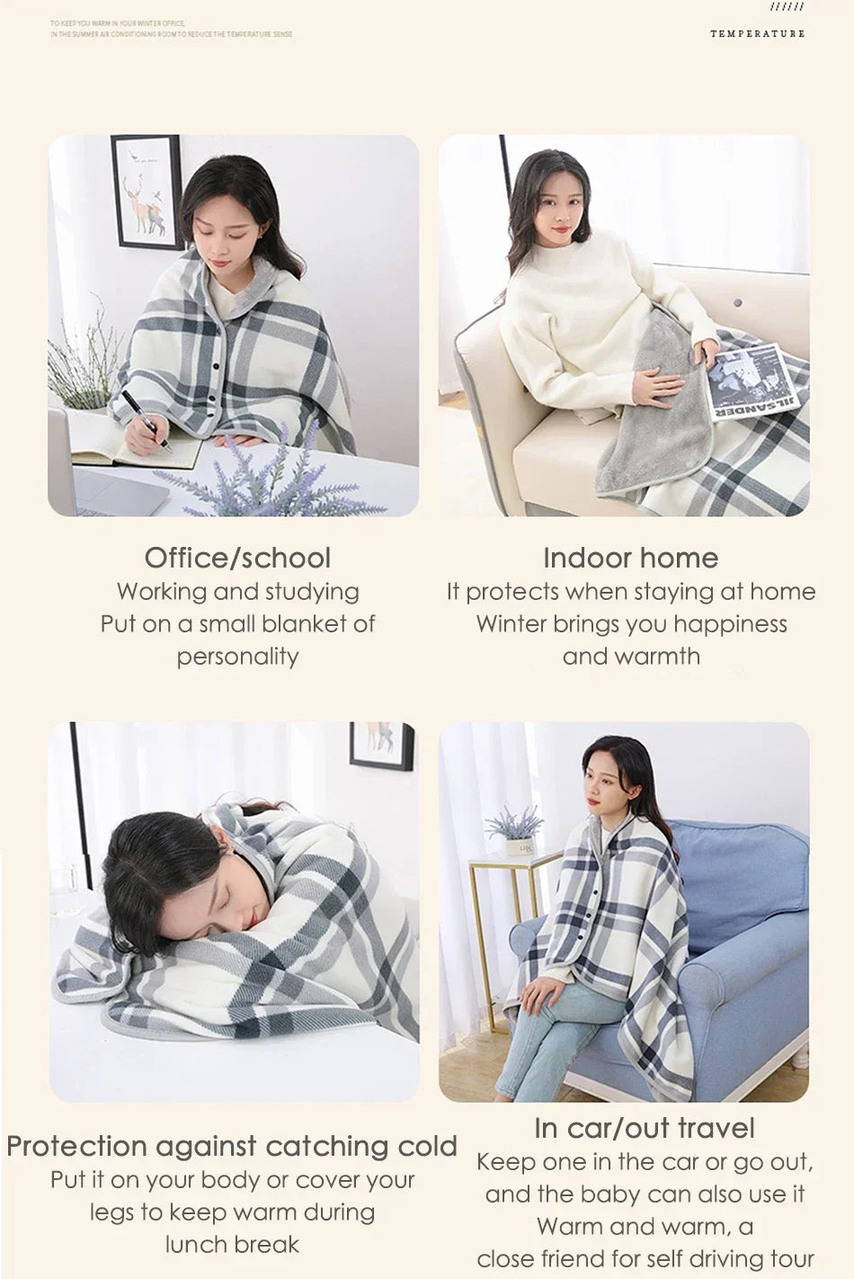 Thick Plaid Blanket Warm Winter Wearable Blanket Adults Office Travel Soft Fleece Throw Blankets With Button Home Shawl Lootquake LLC