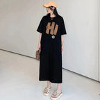 Harajuku Graphic White Long Dress Woman Clothing Y2k Casual Short Sleeve O-Neck Korean Fashion Summer Womens Loose Dresses 2024