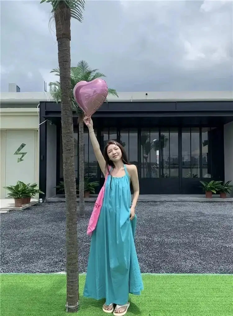 Summer Vacation Dress Thailand Style Open-back Halter Neck Age-reducing Photography Beach Long Dress Belted