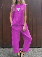 Summer Cotton And Linen Casual Outfits Female Fashion Solid Color Two-piece Set For Women Sleeveless Top Trousers Women's Suit Lootquake LLC