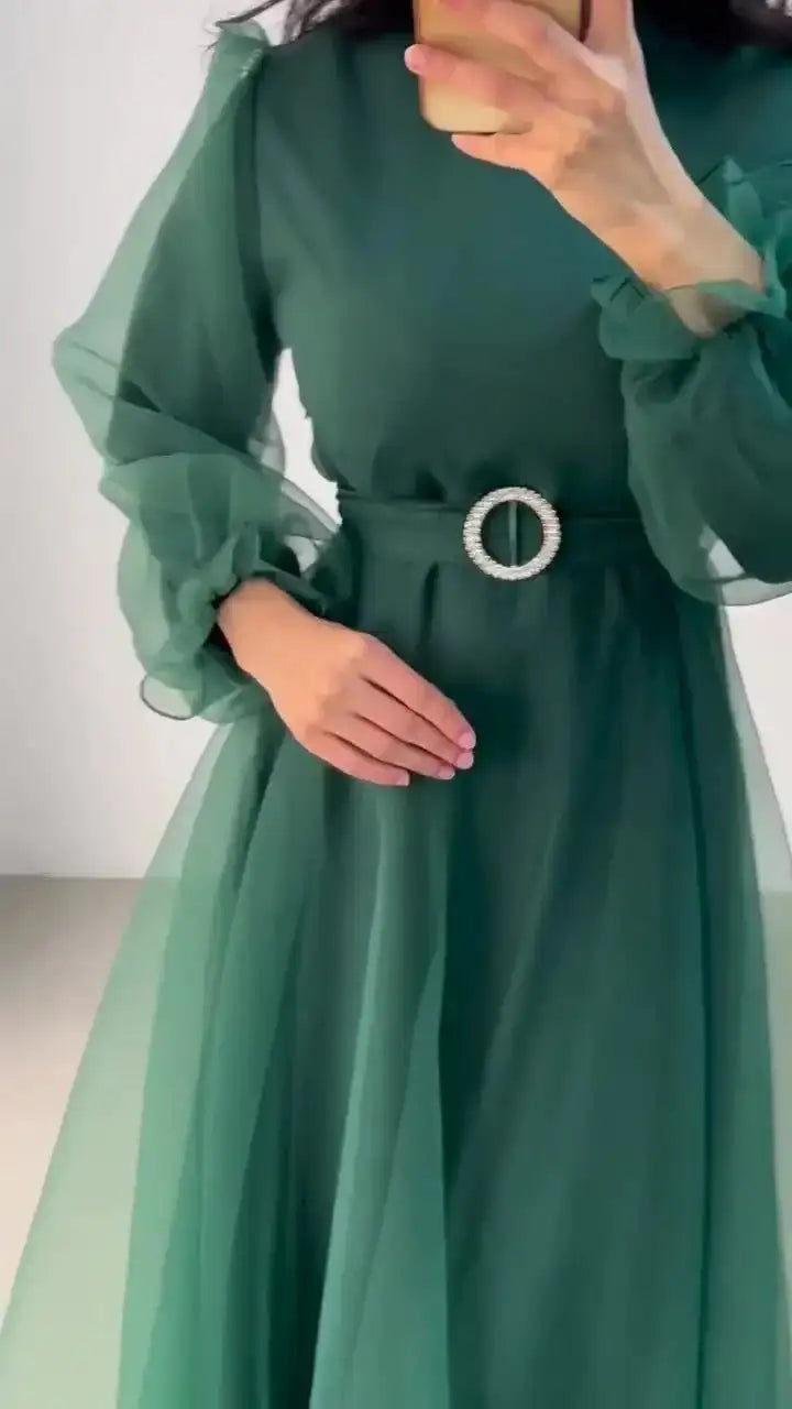 Spring Elegant Mesh Dress Muslim Women Fashion Solid High Waist Mesh Lantern Sleeves Long Dress Women