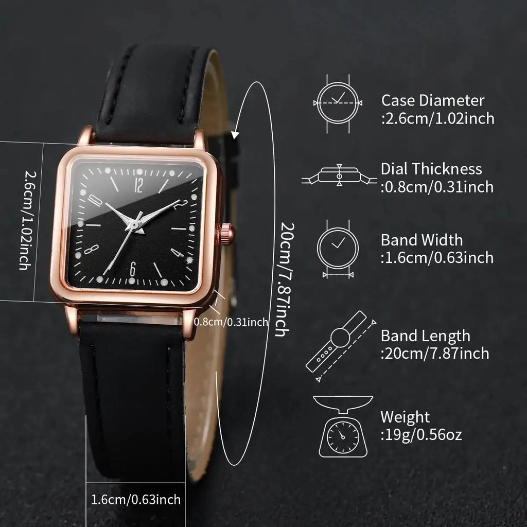 3PCs/Set Women's Fashion Watch Square Simple Dial Leather Quartz Watch Set