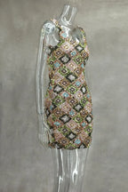 Colorful Rhombus Sequins Sexy Mini Dress Elegant Chic Straps Slit Bodycon Party Dresses Summer Holidays Evening Women Dress 2025