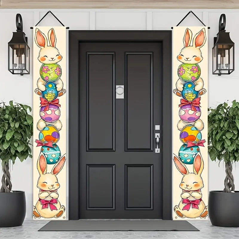 Happy Easter 2PC  Bunny Door Banners Polyester Easter Egg Decorative Flags for Outdoor Indoor Holiday Easter Decoration 2025 Lootquake LLC
