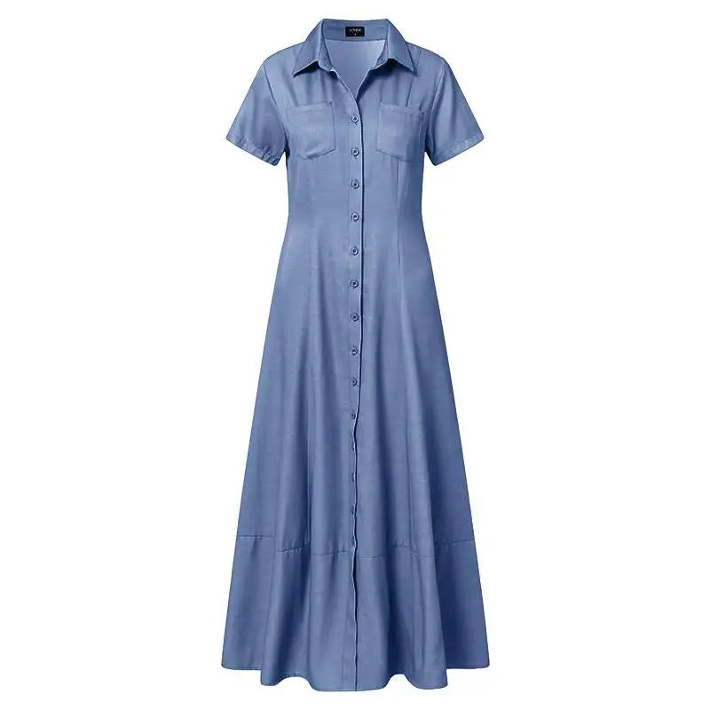 2023 Fashion New Long Dress Shirt Neck Pocket Large Swing Dress Casual Elegant Temperament Single Breasted Denim Dress