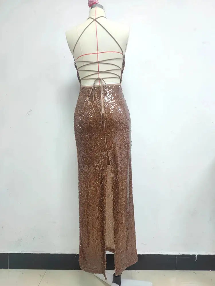 New Sexy Sleeveless Backless Lace-up Slim Long Dress Summer Elegant Pleated Backless Bright Sequins Dress Luxury Evening Dresses