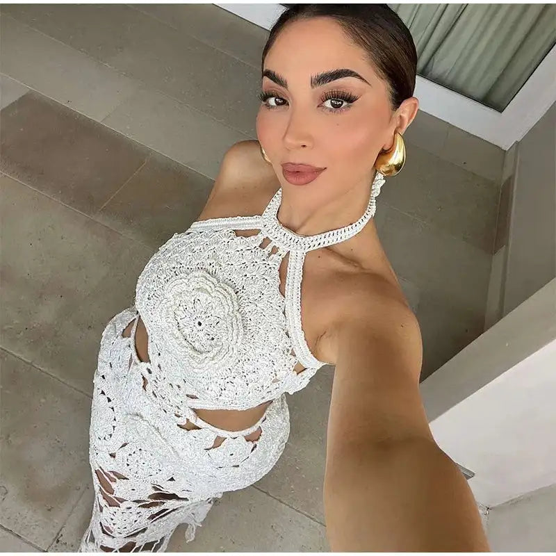 Fashion Hollow Out Halter Maxi Dress For Women 2024 Sexy Sleeveless Backless Long Dress Holiday Hook Flower Knitted Beach Robe