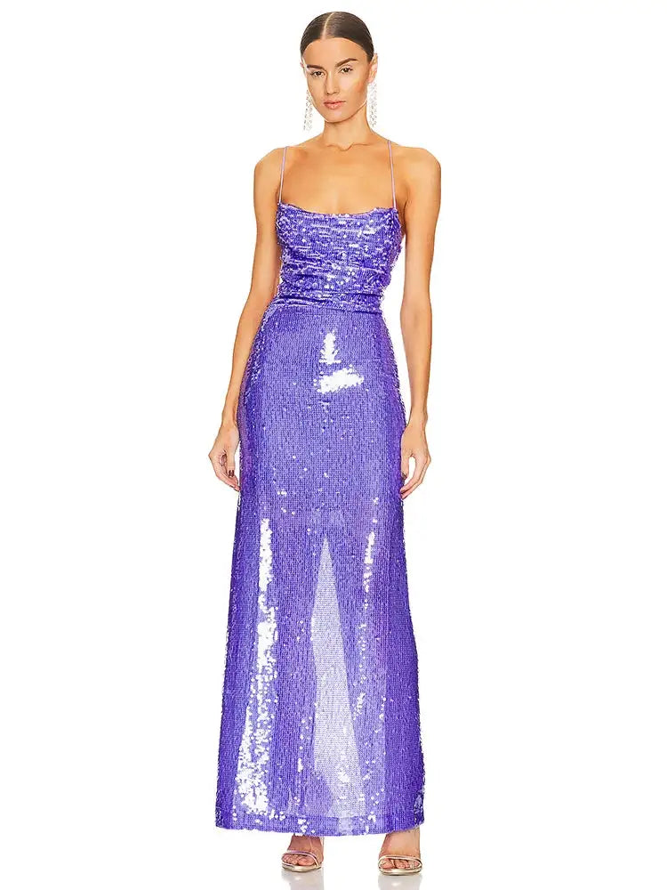 New Sexy Sleeveless Backless Lace-up Slim Long Dress Summer Elegant Pleated Backless Bright Sequins Dress Luxury Evening Dresses