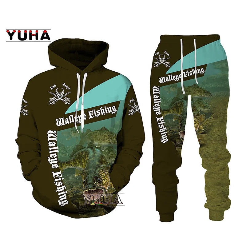 New 3D Fishing Art Print Casual Couple Hoodies Outfits Hip Hop Streetwear Hooded Sweatshirt+Sweat Pants Men's Tracksuit Set Lootquake LLC