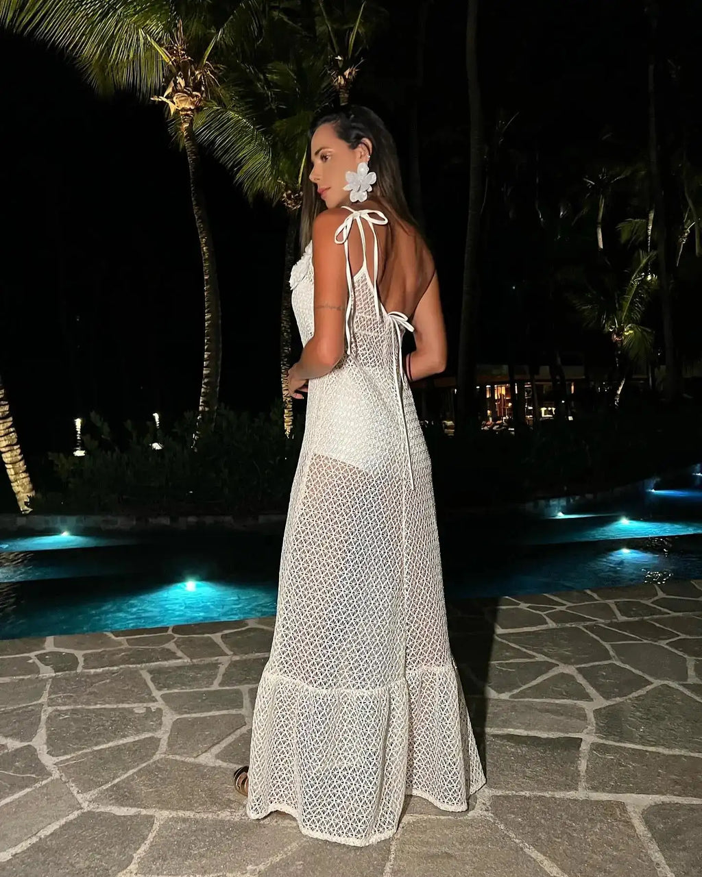 Sexy 3D Flower Long Dress Women 2024 Summer Semi-sheer Party Dresses Elegant Slim One Shoulder Maxi Vestidos Holiday Beach Robe