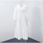 Elegant Lace Patchwork Hollow Out Dress Women Solid V-neck Long Lantern Sleeve Loose Dresses 2025 Spring Vacation Lady Robes