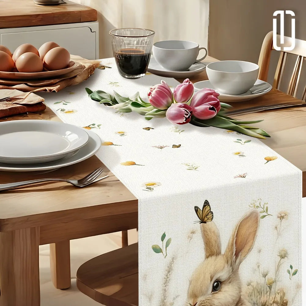 1pc Easter Bunny and Floral Egg Table Runner for Spring Holiday Home Decor, Easter Celebration Tablecloth Gift Idea Lootquake LLC