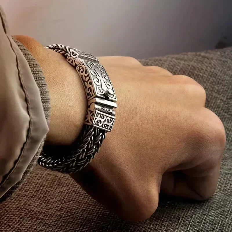 Powerful S925 pure silver vintage pattern woven bracelet, suitable for both men and women, fashionable jewelry gift for everyone Pi-Mart
