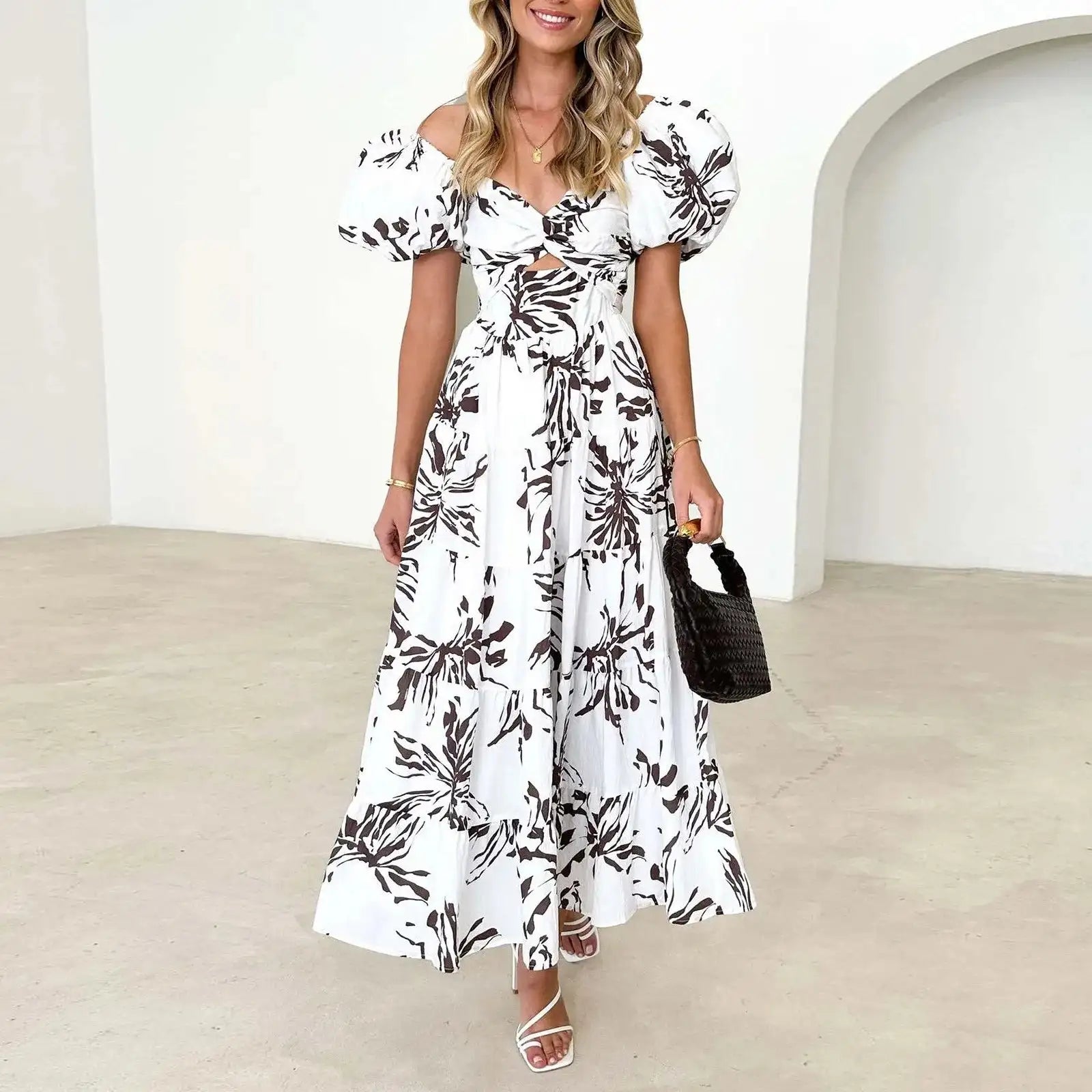 Summer V Neck Cutout Floral Print Dresses Elegant Women Puff Short Sleeve Casual Dress Pleated Waisted Swing Beach Long Dress