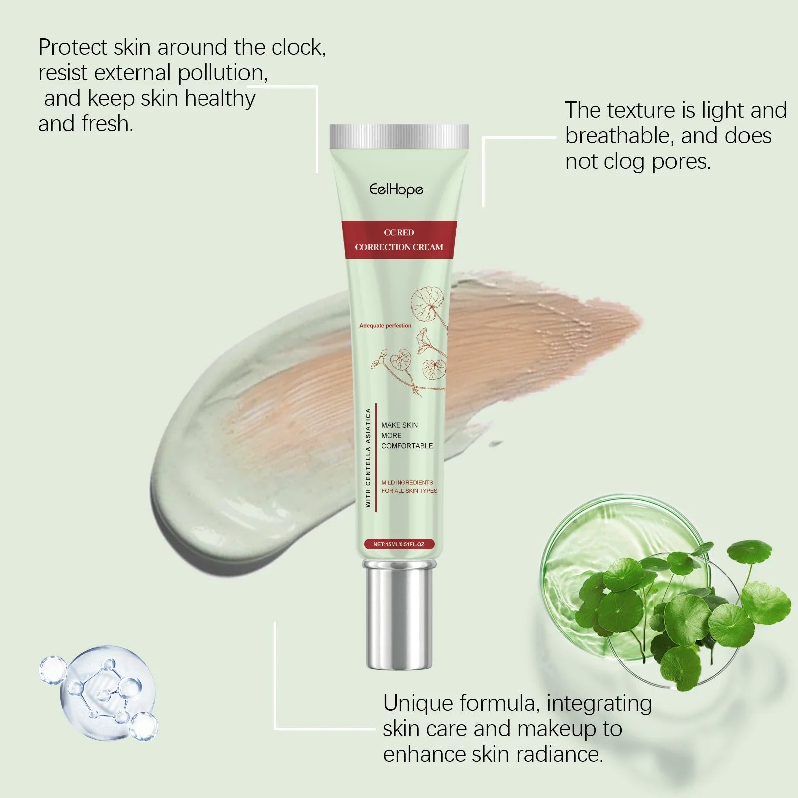 EelHope Centella Asiatica CC Cream - Moisturizing, Concealing Foundation for Nude Makeup, Brightening Complexion & Hydrating