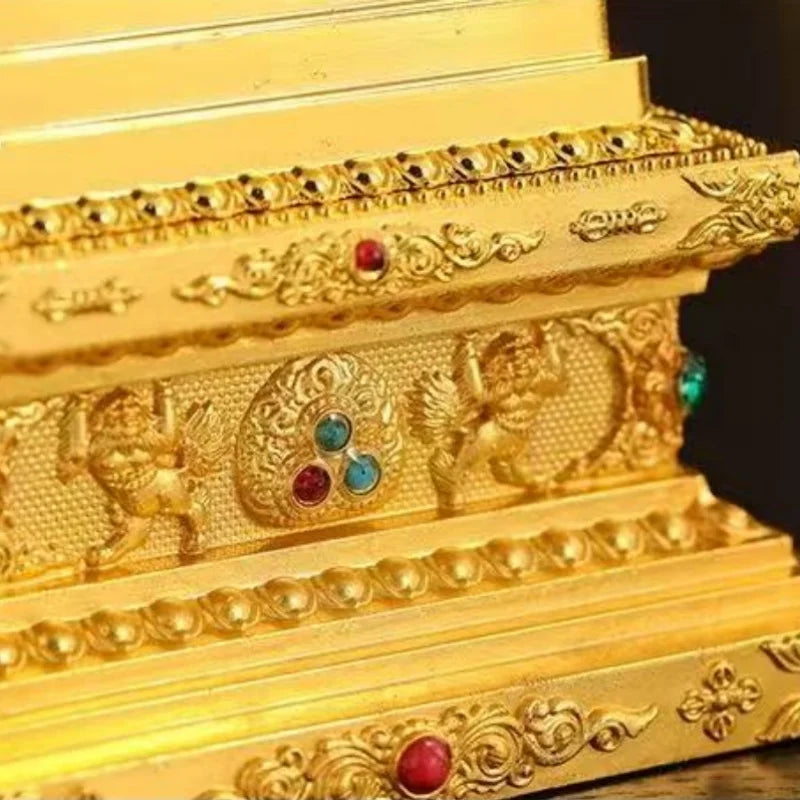 Buddha Statue Pagoda,Engraving Inlaid Gem Tibetan Alloy Double-Layer Tower,Altars Stupa,Buddhist Item Religious Decorative Lootquake LLC