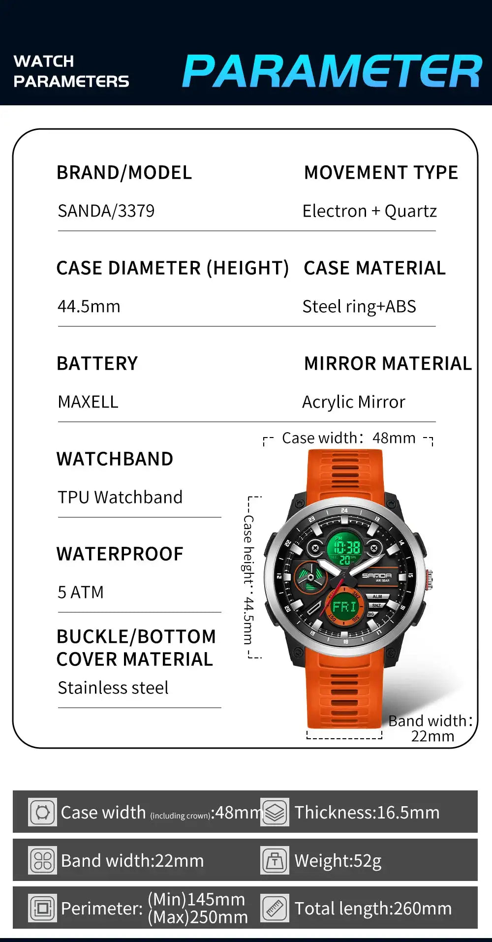 SANDA Sports Men's Electronic Watch Fashion Multi functional Waterproof LED Dual Display Men's Electronic Watch 3379