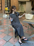 2024 New Casual Korean Striped O-neck Short Sleeve Long Dress Ladies Simplicity Patchwork Loose Tshirt Dress Women Clothing