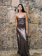 New Sexy Sleeveless Backless Lace-up Slim Long Dress Summer Elegant Pleated Backless Bright Sequins Dress Luxury Evening Dresses