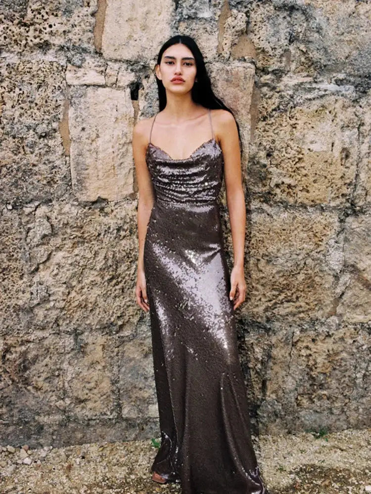 New Sexy Sleeveless Backless Lace-up Slim Long Dress Summer Elegant Pleated Backless Bright Sequins Dress Luxury Evening Dresses