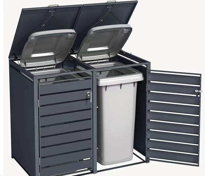 Outdoor Garden 12L Iron Steel Home Garbage Bin Double Door Wheelie Bin Hideaway With Plastic Frame Metal Lid Shelter For Storage