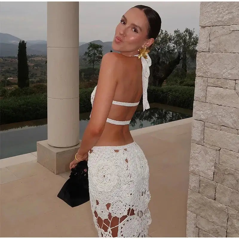 Fashion Hollow Out Halter Maxi Dress For Women 2024 Sexy Sleeveless Backless Long Dress Holiday Hook Flower Knitted Beach Robe
