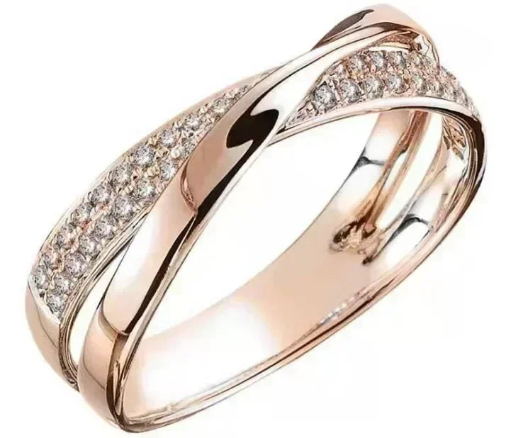 Classic Stainless Steel Two Tone X Shape Cross Ring for Women Wedding Trendy Jewelry Dazzling Zircon Wedding Rings Modern Rings