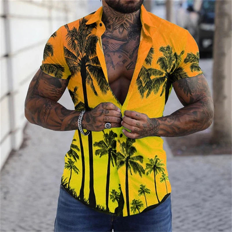 Casual Coconut Tree Graphic Hawaiian Shirts Fashion Trend Short Sleeve Lapel 3D Printed Beach Shirts Loose Vacation Mens Blouse
