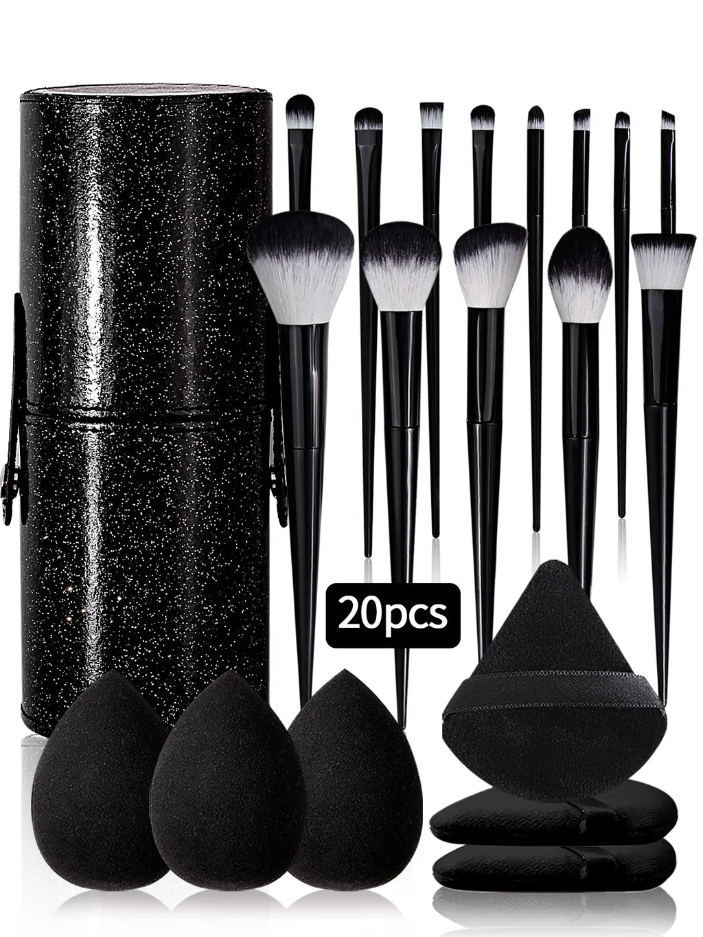 20pcs Makeup Brushe set Premium Synthetic Powder Foundation brush +Sparkling storage bucket and 6 makeup sponge powder puffs