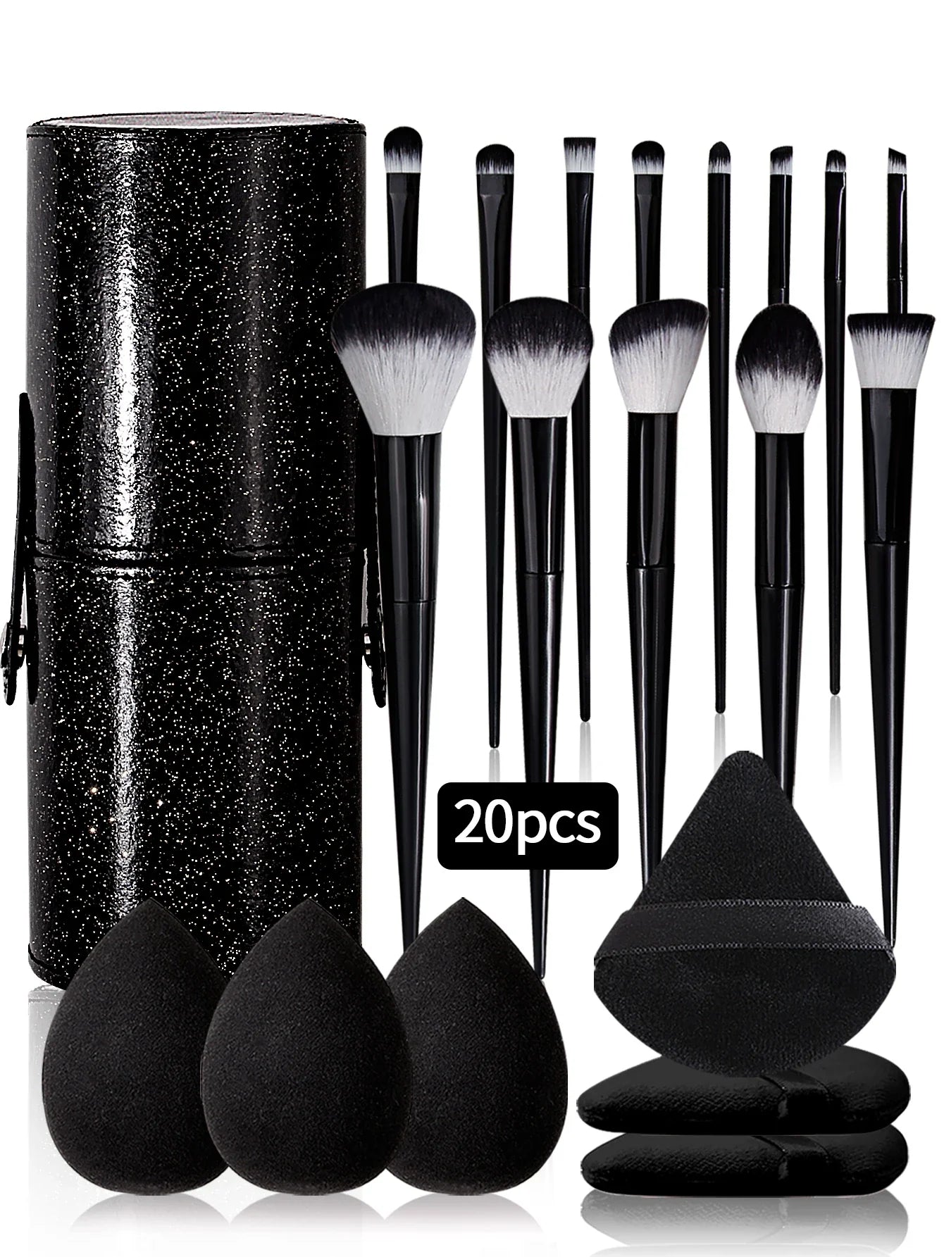 20pcs Makeup Brushe set Premium Synthetic Powder Foundation brush +Sparkling storage bucket and 6 makeup sponge powder puffs