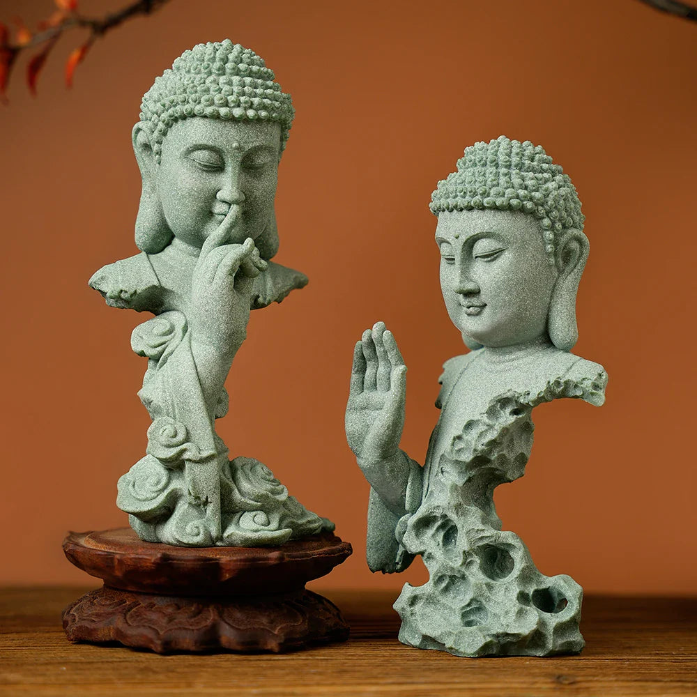 Buddhist Statue Desktop Decoration Tablescape Decoration Home Zen Statue Green Sandstone Lootquake LLC