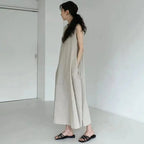 2022 Minimalist Chic Loose Swing Sleeveless Mid-length Casual Cotton Linen Long Dress  Round Neck High Waist Women Runway Dress
