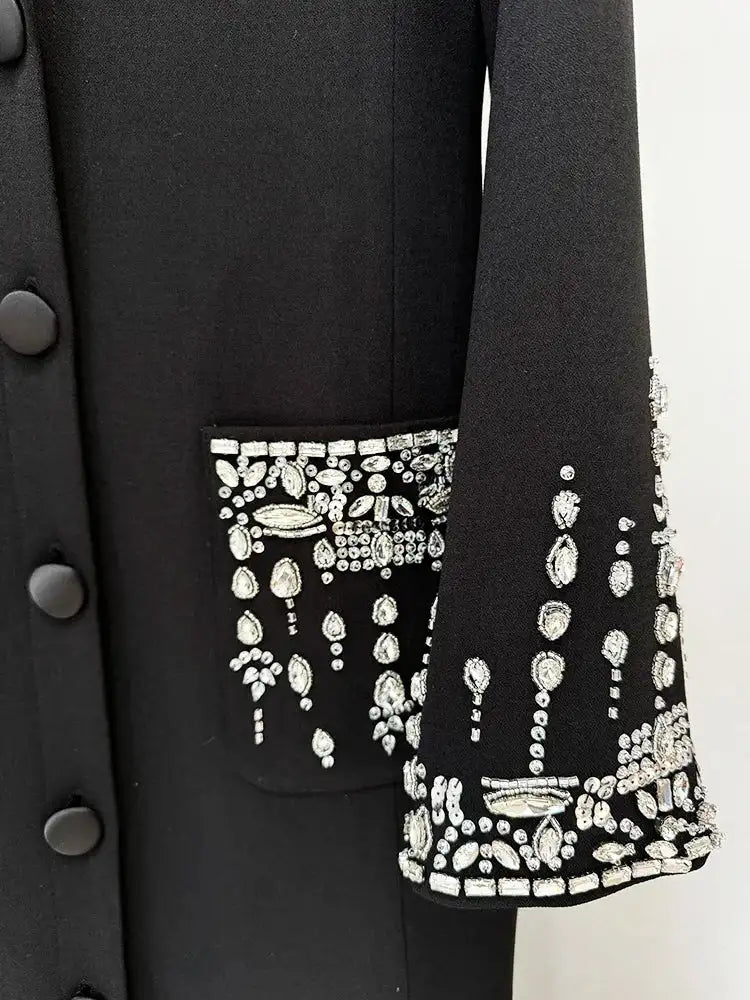 HIGH STREET Newest 2025 Designer Fashion Women's Long Sleeve Notched Collar Rhinestone Diamonds Beading Maxi Long Dress