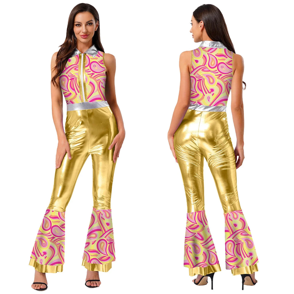 Womens Halloween Retro Hippie Cosplay Costume Party Hip-hop Dance Costume Metallic Shiny Vintage Carnival Bodysuit Jumpsuit Lootquake LLC