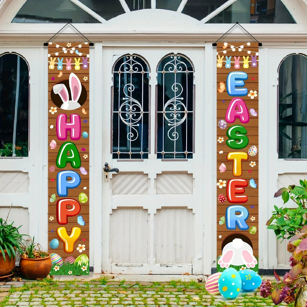 Happy Easter 2PC  Bunny Door Banners Polyester Easter Egg Decorative Flags for Outdoor Indoor Holiday Easter Decoration 2025 Lootquake LLC