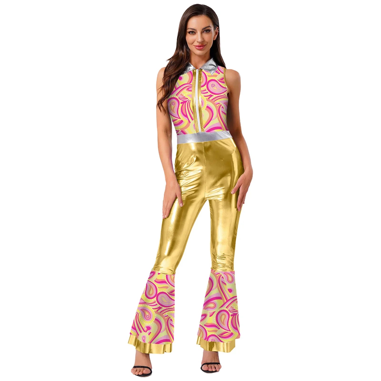 Womens Halloween Retro Hippie Cosplay Costume Party Hip-hop Dance Costume Metallic Shiny Vintage Carnival Bodysuit Jumpsuit Lootquake LLC
