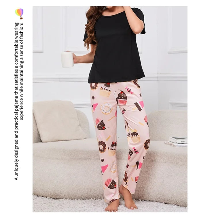 Women's Sleepwear Cozy Heart Print Relaxed Fit Pajama Set Short Sleeve Tee Top & Pants Nightwear 2 Piece Pyjama for All Seasons Lootquake LLC