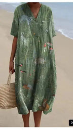 Casual Short Sleeved V-neck Big Swing Dress 2024 New Women's Loose Printed Long Dress Female Retro Flower Print Pullover Dresses