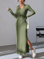 2024 Spring/Summer Knitted Dress Slim Fit Fashion Casual Women's Lapel Long sleeved Dress Concave Stripe Solid Color Long Dress