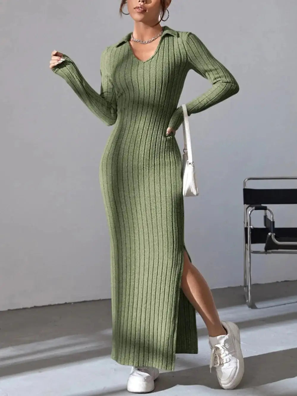 2024 Spring/Summer Knitted Dress Slim Fit Fashion Casual Women's Lapel Long sleeved Dress Concave Stripe Solid Color Long Dress