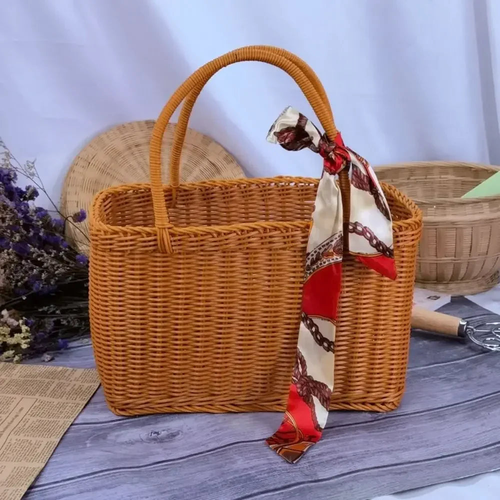 Home Storage Organizer Rattan Woven Basket With Handle Portable Picnic Basket Handwoven Rectangular Flower Basket Fruit Lootquake LLC
