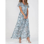 Vestidos Verano Moda 2024 Women's Swing Long Dress Chiffon Floral Short Sleeve Ruffle V Neck Fashion Waist Flowy Dress платье