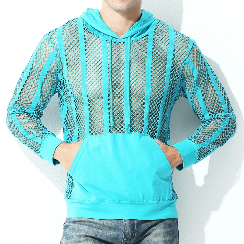 Men Mesh Shirt Transparent Long Sleeve Men Clothing Sexy Solid Party Nightclub Hooded Tops Lootquake LLC