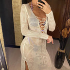 Deep V Dress Lace Up Long Sleeve Women Split Maxi Dress Crochet Knitted Tunic Mesh Sheer Sexy Bodycon Long Dress Vestido V4146B