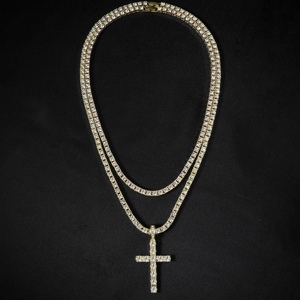 Hip Hop Cross Pendant Necklace Strap 4mm Zircon Tennis Chain Iced Out Sparkling Necklace Men Women Punk Jewelry Fashion Gift Lootquake LLC