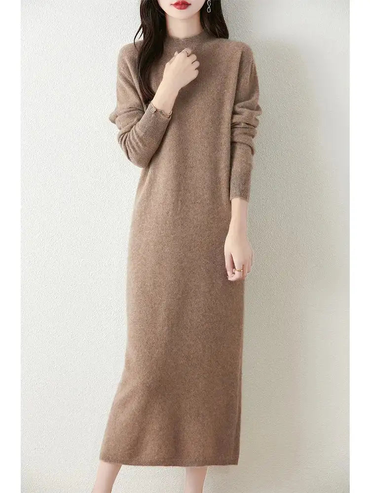 Autumn Winter Women's Wool Long Dress Cashmere Mock Neck Pullover Sweater 100% Merino Wool Soft Knitwear OL Simple Basic Dress Lootquake LLC
